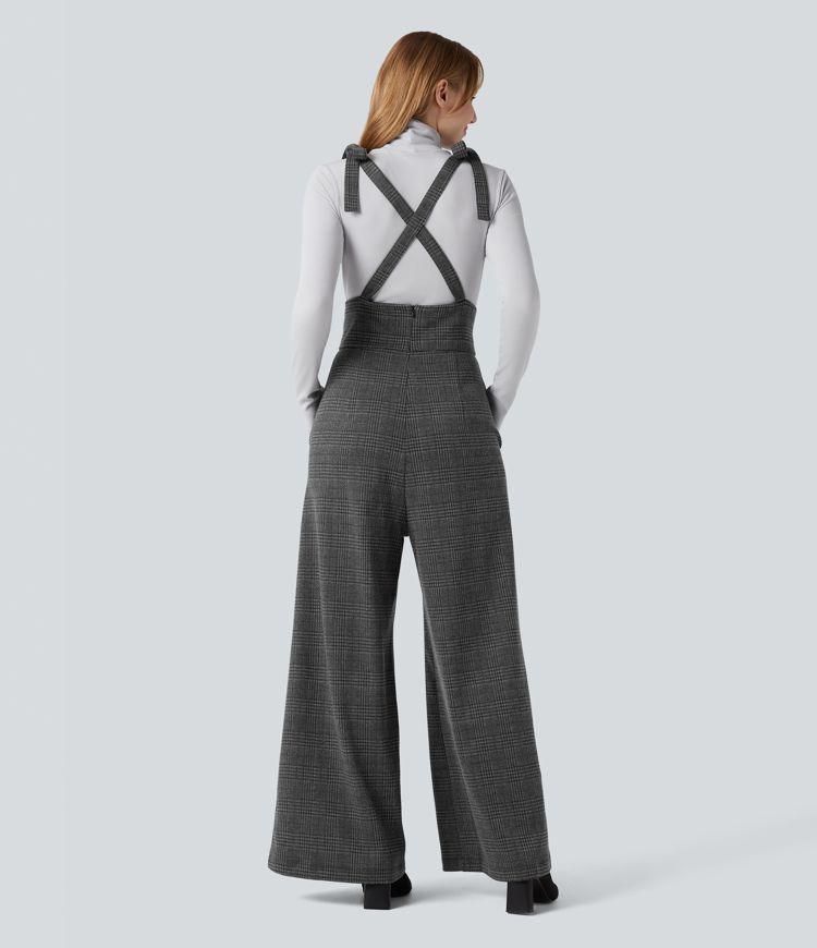 Tie Side Wide Leg Houndstooth Plaid Work Overalls with Pockets