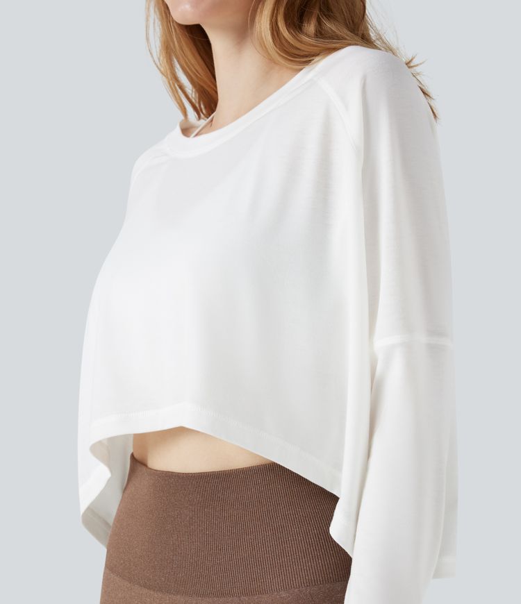 Round Neck Long Sleeve Thumb Holes High Low Relaxed Running Sports Top