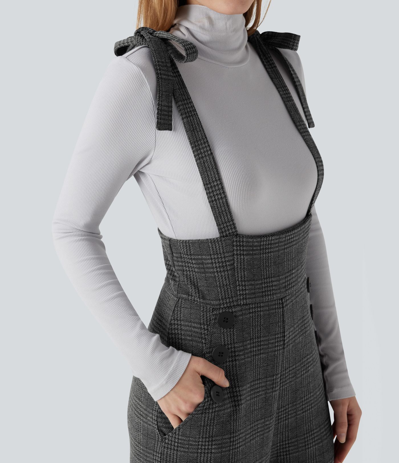 Tie Side Wide Leg Houndstooth Plaid Work Overalls with Pockets