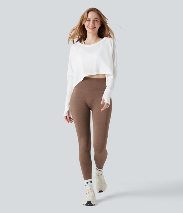 Round Neck Long Sleeve Thumb Holes High Low Relaxed Running Sports Top