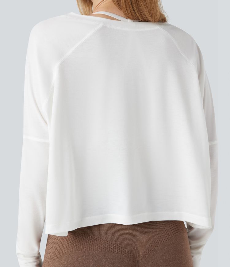 Round Neck Long Sleeve Thumb Holes High Low Relaxed Running Sports Top