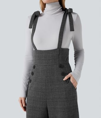 Tie Side Wide Leg Houndstooth Plaid Work Overalls with Pockets