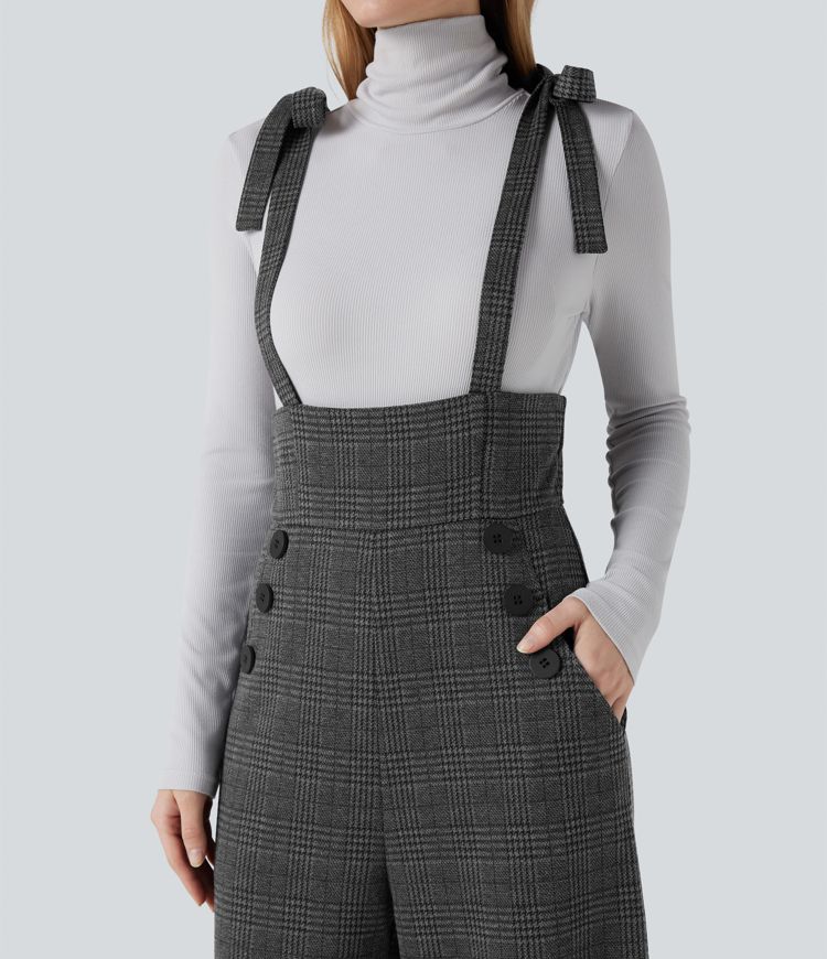 Tie Side Wide Leg Houndstooth Plaid Work Overalls with Pockets