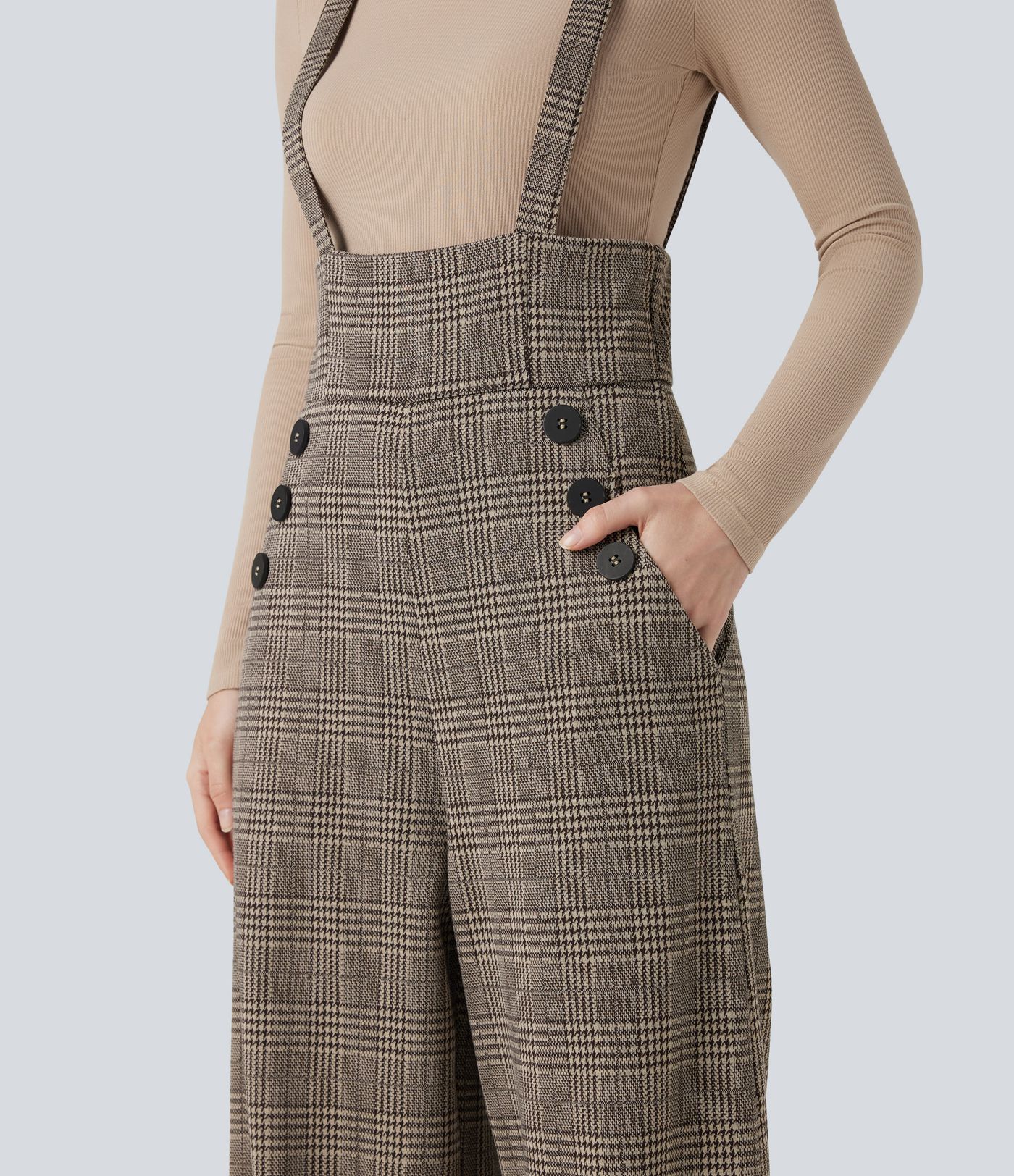 Arbeitsoverall mit Seitentaschen, Karomuster, seitlicher Schnürung und weitem Bein