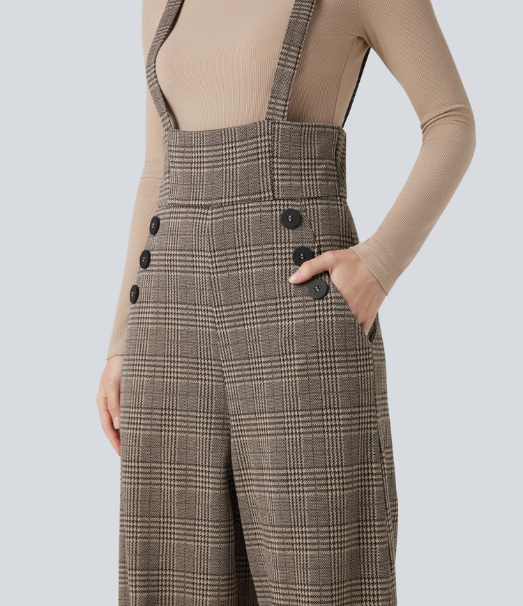 Salopette tailleur pied-de-poule à carreaux jambes larges liens latéraux avec poches