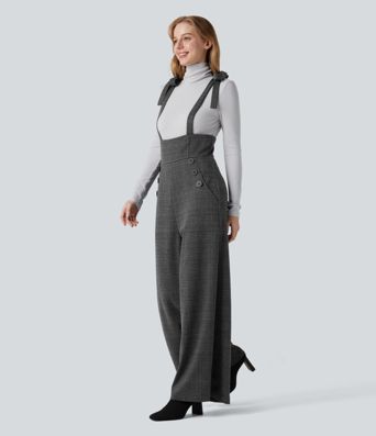 Tie Side Wide Leg Houndstooth Plaid Work Overalls with Pockets
