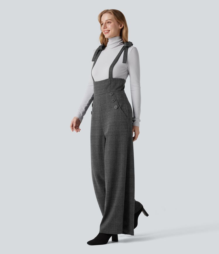 Tie Side Wide Leg Houndstooth Plaid Work Overalls with Pockets