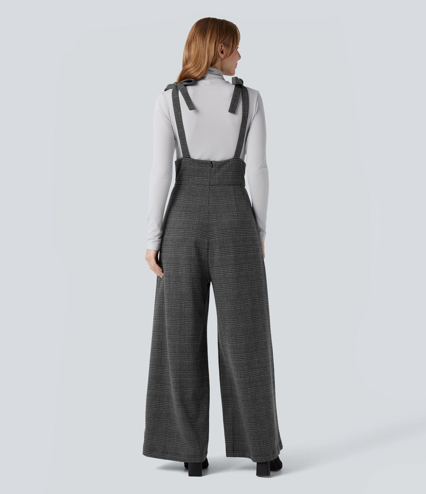 Tie Side Wide Leg Houndstooth Plaid Work Overalls with Pockets