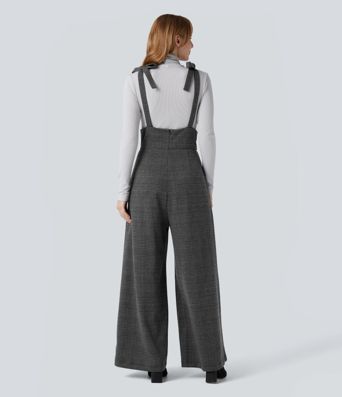 Tie Side Wide Leg Houndstooth Plaid Work Overalls with Pockets