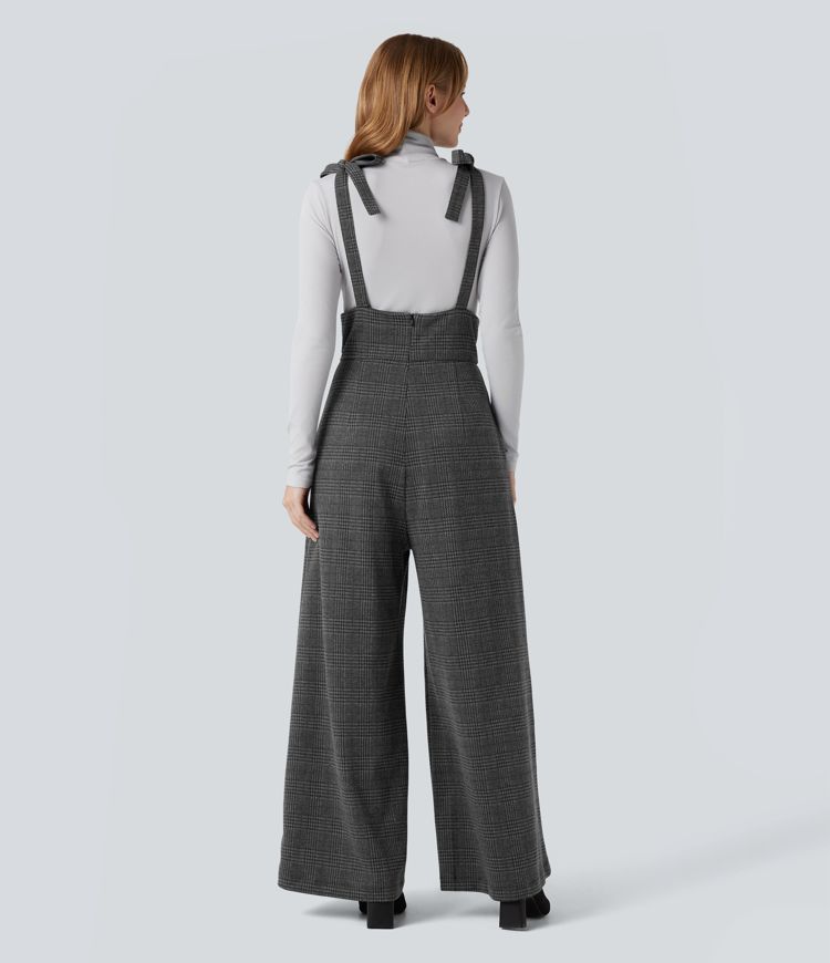 Tie Side Wide Leg Houndstooth Plaid Work Overalls with Pockets
