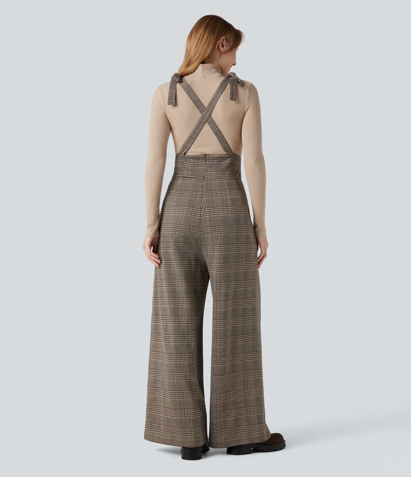 Arbeitsoverall mit Seitentaschen, Karomuster, seitlicher Schnürung und weitem Bein