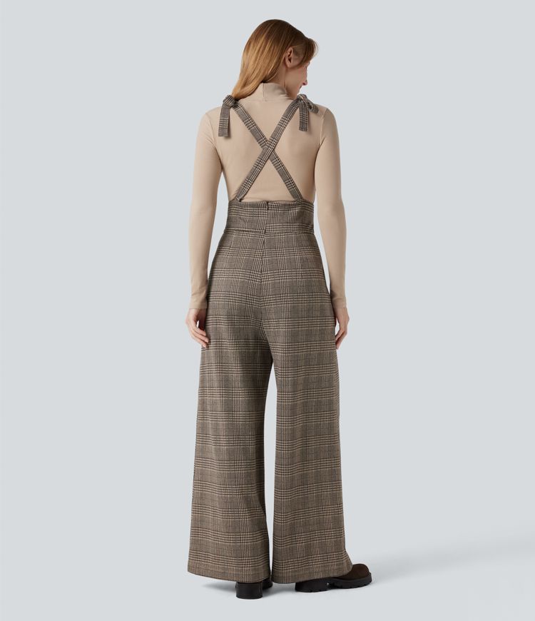 Salopette tailleur pied-de-poule à carreaux jambes larges liens latéraux avec poches