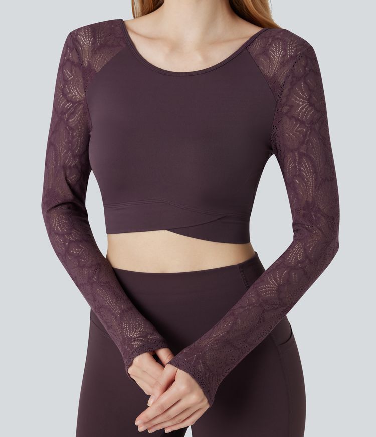 Haut de sport yoga court dos nu manches longues dentelle contrastante et ourlet croisé SoftlyZero™ - UPF50+