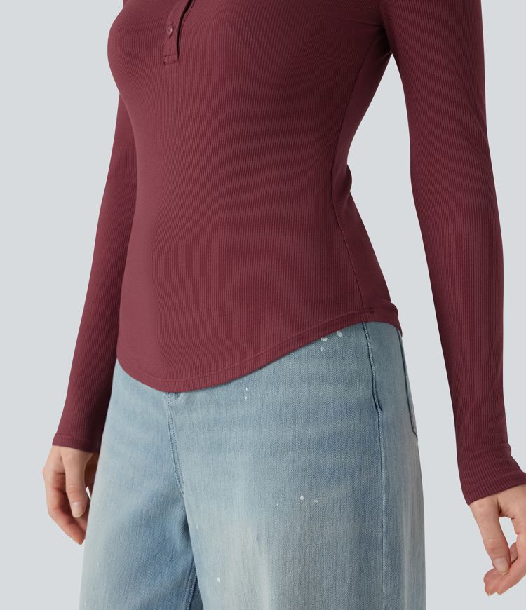 Ribbed Knit Henley Neck Long Sleeve Casual Top