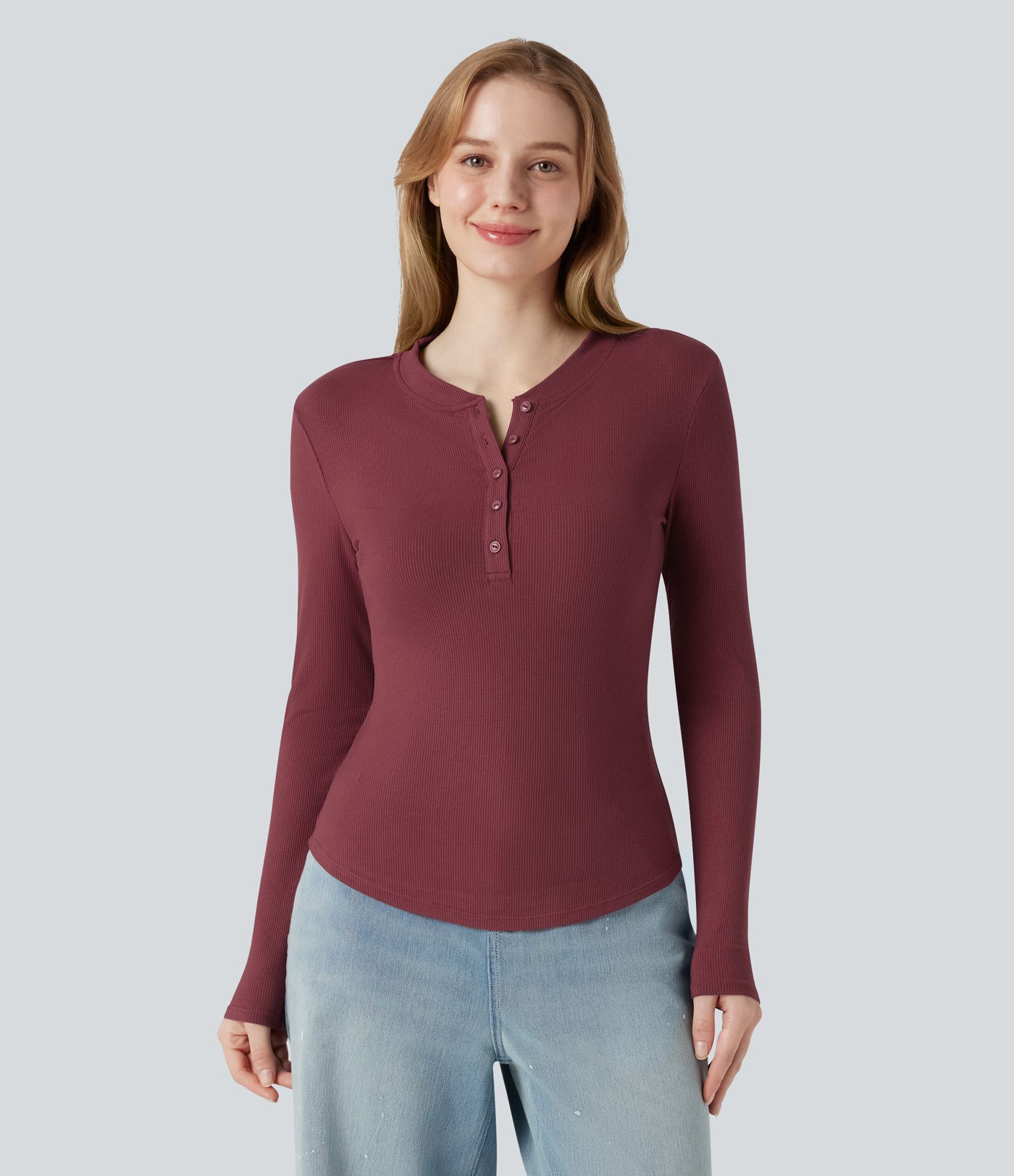 Ribbed Knit Henley Neck Long Sleeve Casual Top