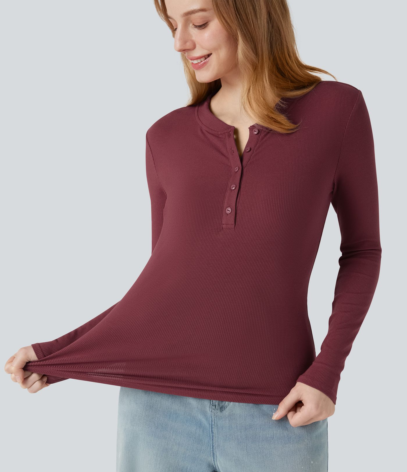 Ribbed Knit Henley Neck Long Sleeve Casual Top