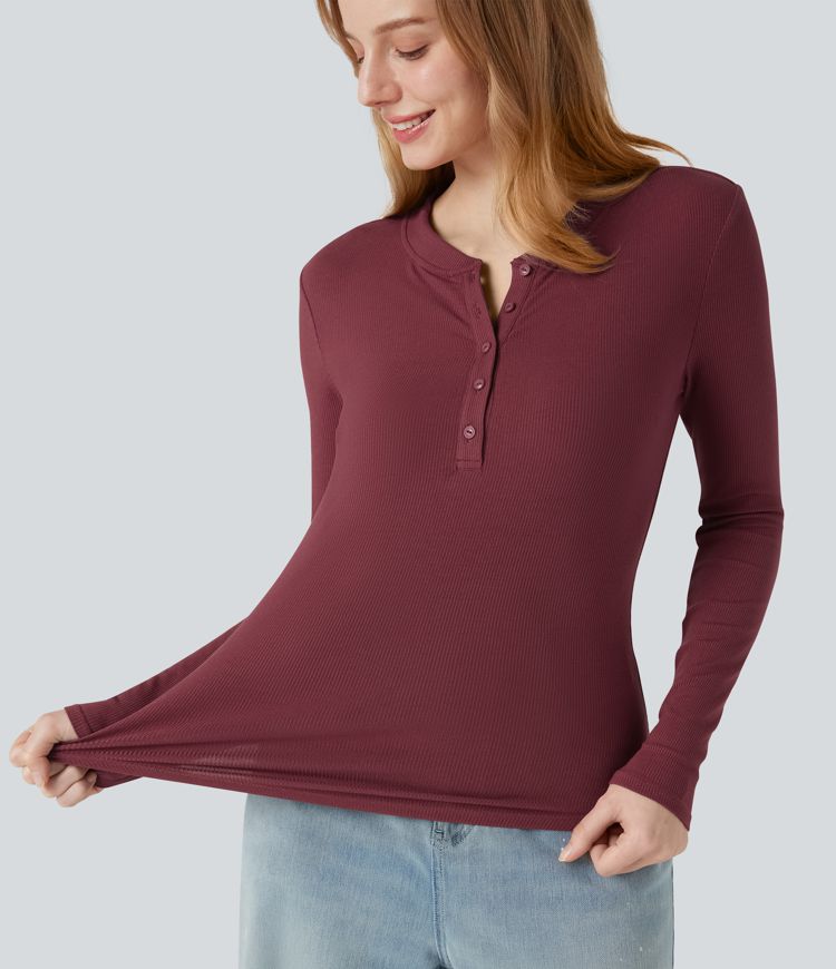 Ribbed Knit Henley Neck Long Sleeve Casual Top