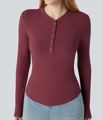 Ribbed Knit Henley Neck Long Sleeve Casual Top