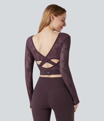 Haut de sport yoga court dos nu manches longues dentelle contrastante et ourlet croisé SoftlyZero™ - UPF50+