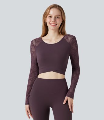 Haut de sport yoga court dos nu manches longues dentelle contrastante et ourlet croisé SoftlyZero™ - UPF50+