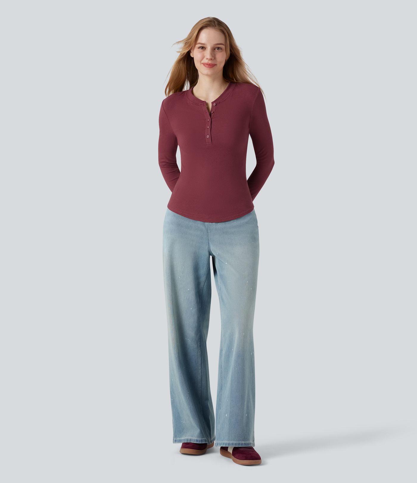 Ribbed Knit Henley Neck Long Sleeve Casual Top