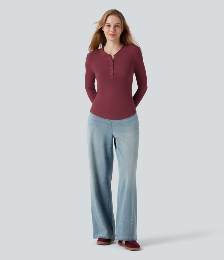 Ribbed Knit Henley Neck Long Sleeve Casual Top