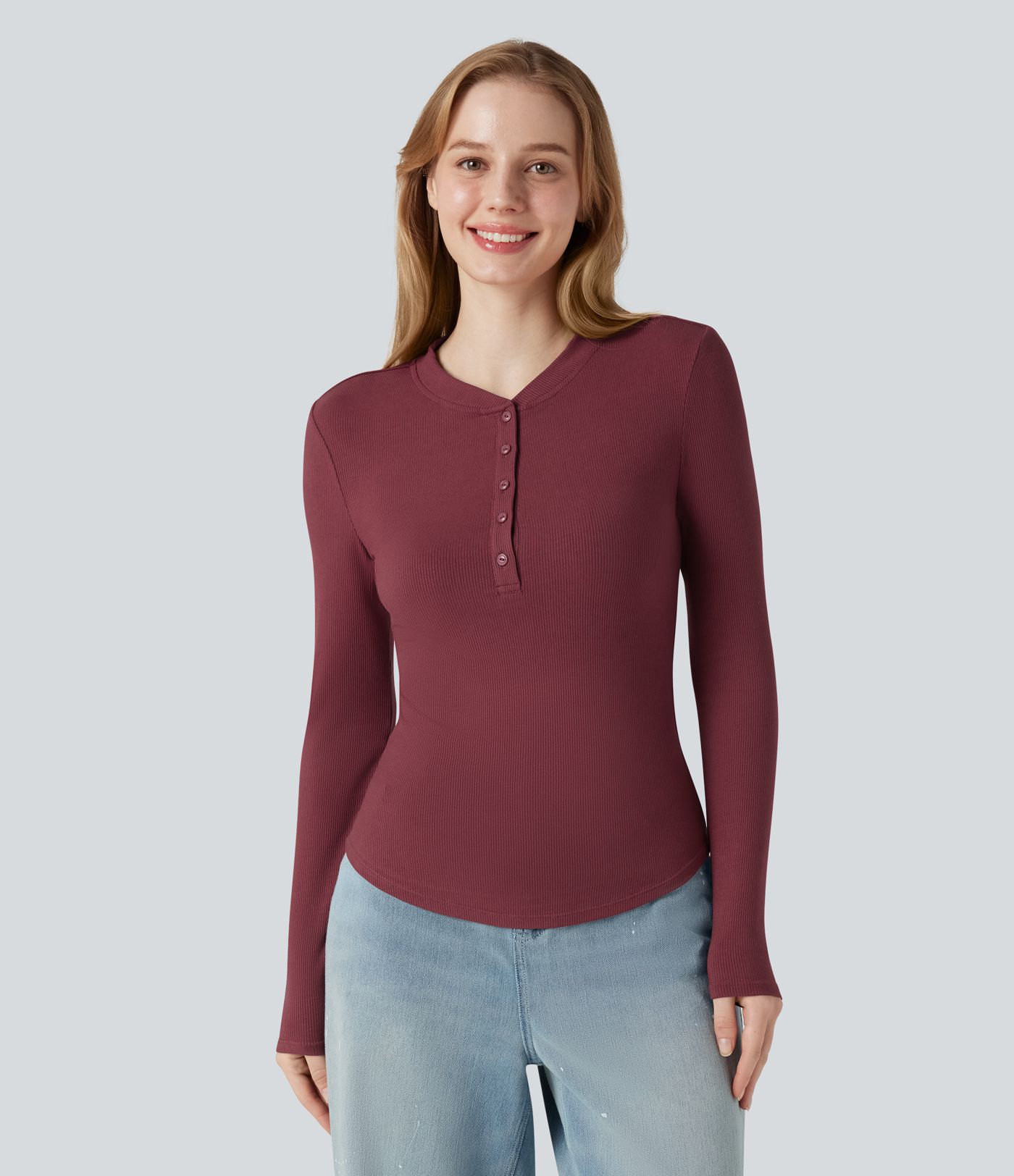 Ribbed Knit Henley Neck Long Sleeve Casual Top