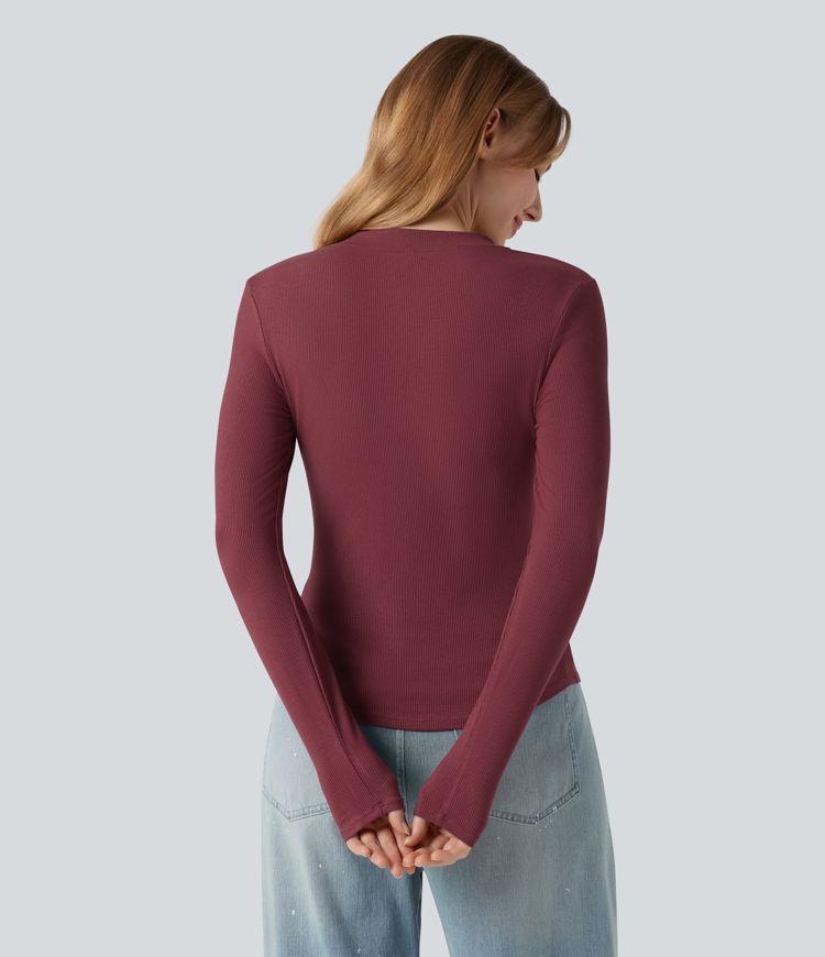 Ribbed Knit Henley Neck Long Sleeve Casual Top