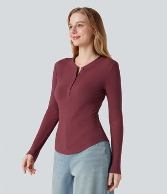 Ribbed Knit Henley Neck Long Sleeve Casual Top