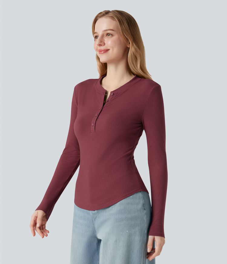 Ribbed Knit Henley Neck Long Sleeve Casual Top