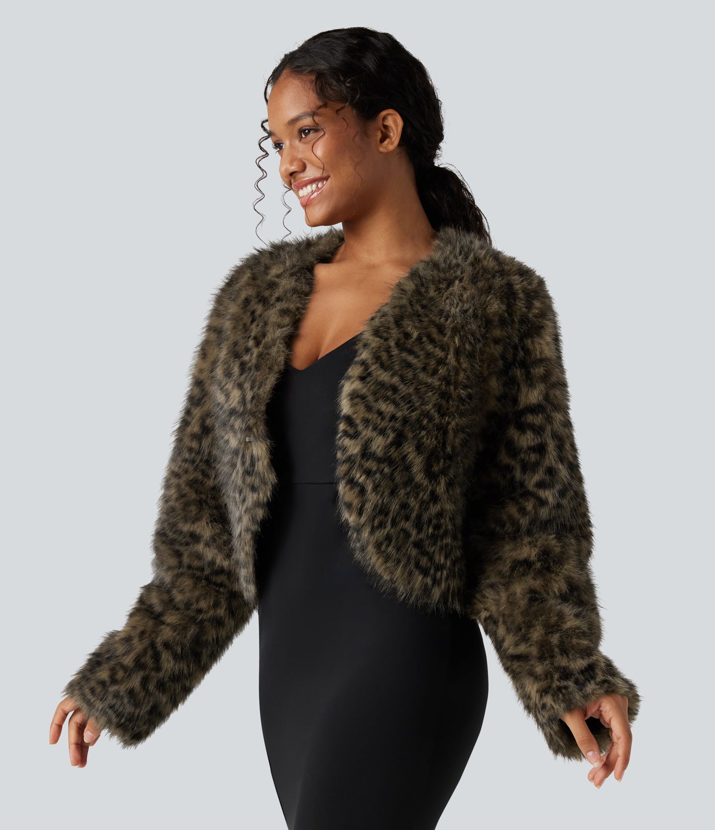 V Neck Long Sleeve Casual Faux Fur Coat