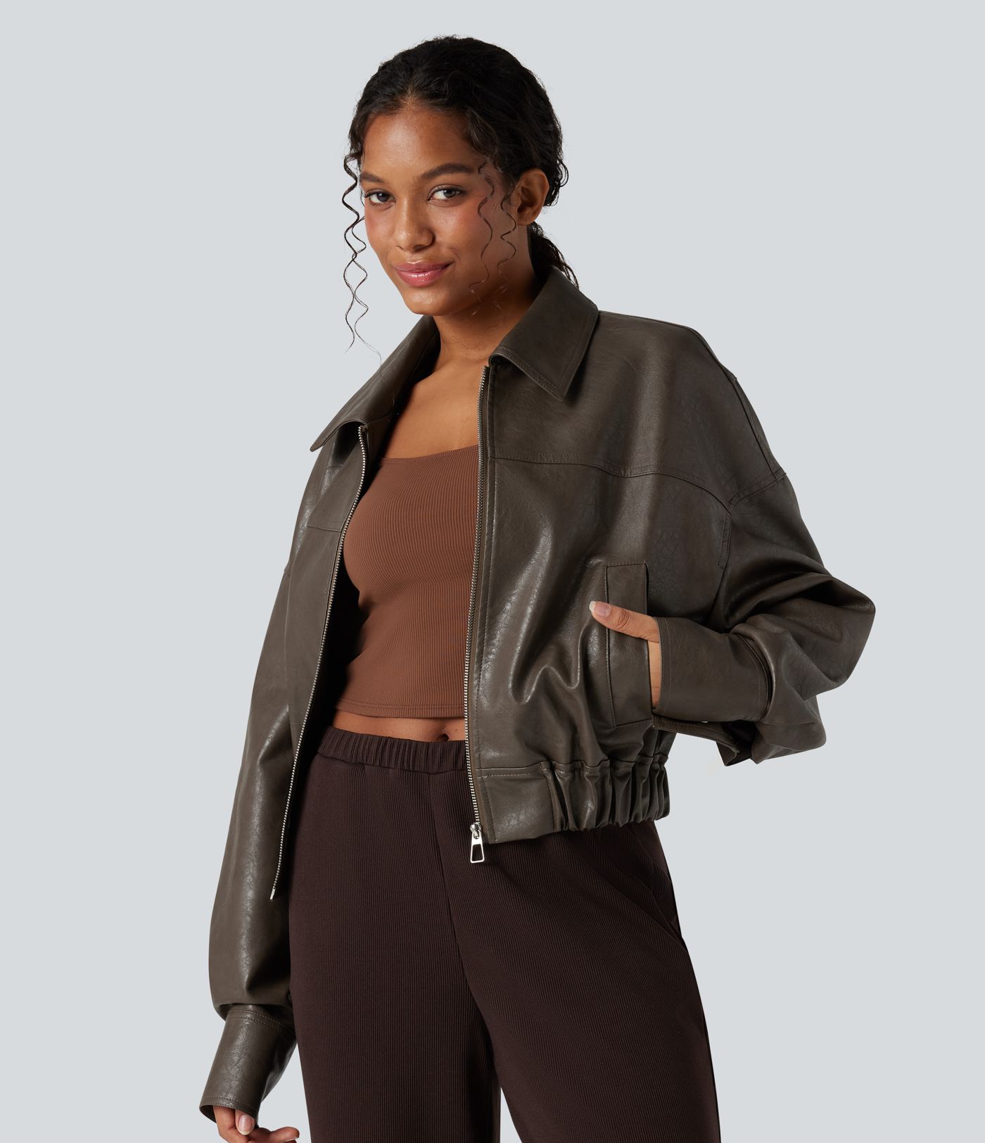 Zipper Long Sleeve Casual Faux Leather Jacket with Pockets