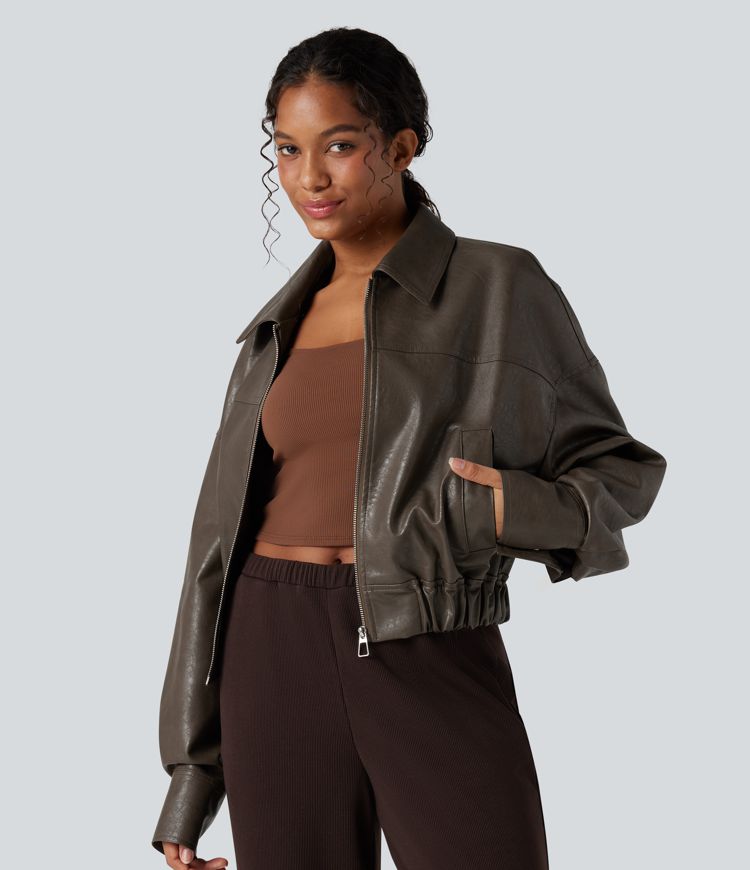 Zipper Long Sleeve Casual Faux Leather Jacket with Pockets