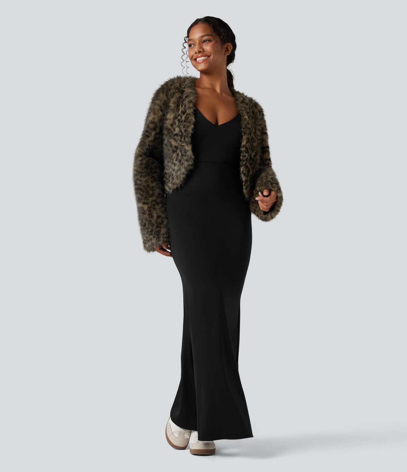 V Neck Long Sleeve Casual Faux Fur Coat