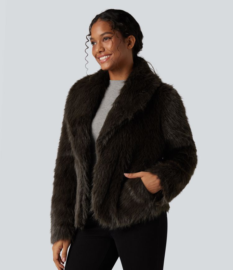 Lapel Long Sleeve Casual Faux Fur Coat with Pockets