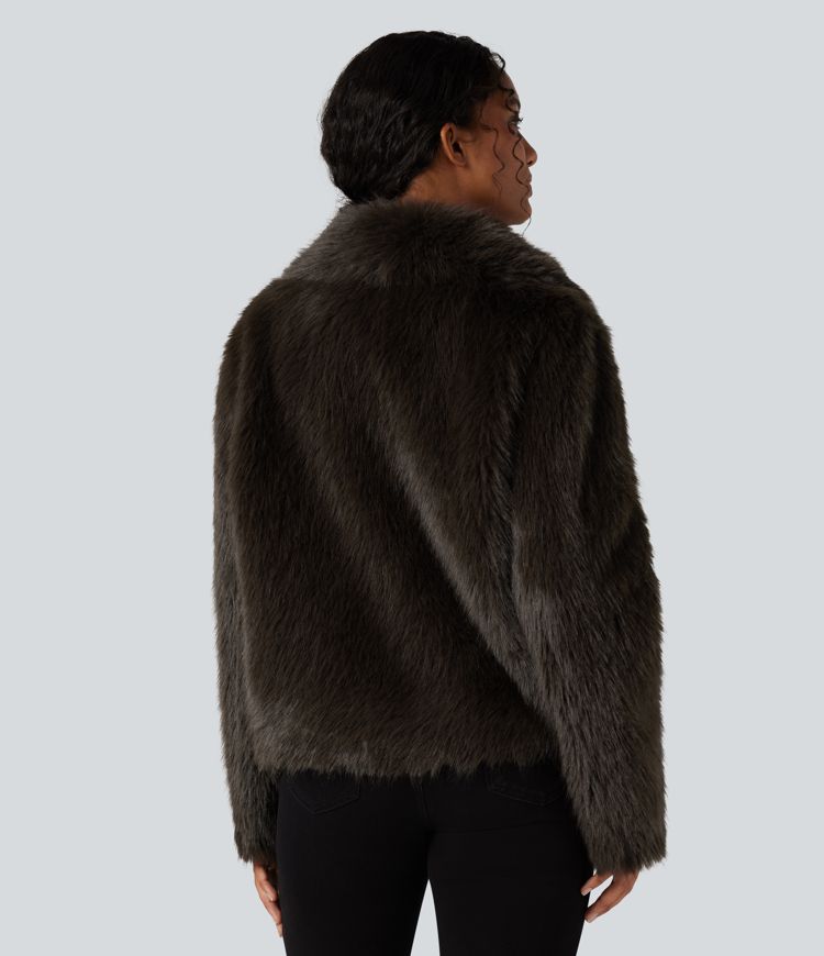 Lapel Long Sleeve Casual Faux Fur Coat with Pockets