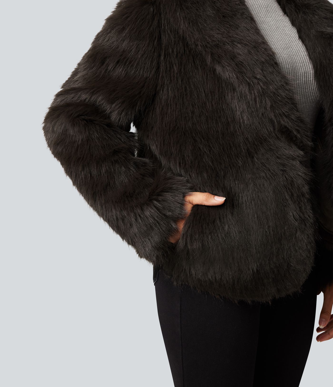 Lapel Long Sleeve Casual Faux Fur Coat with Pockets