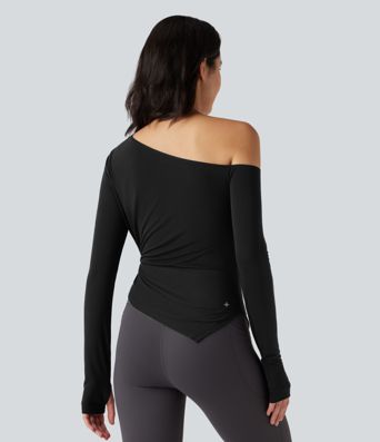 One-shoulder Long Sleeve Thumb Hole Asymmetric Quick Dry Yoga Sports Top