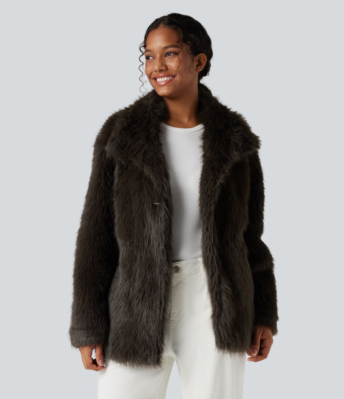 Long Sleeve Casual Faux Fur Coat with Pockets
