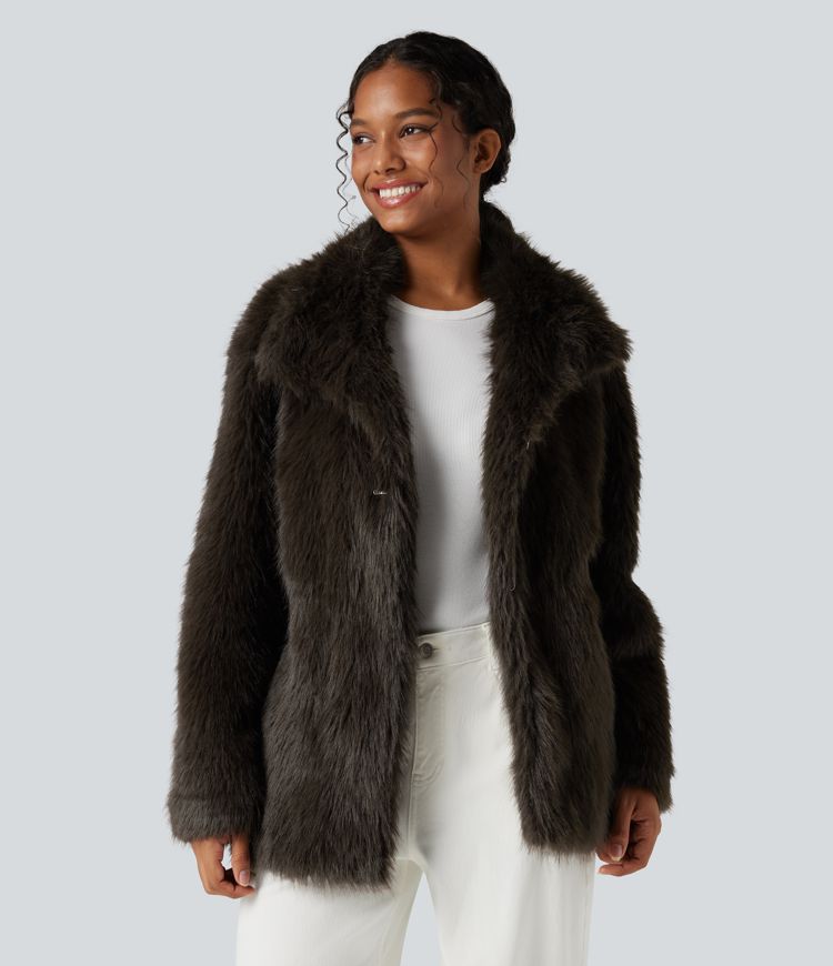 Long Sleeve Casual Faux Fur Coat with Pockets