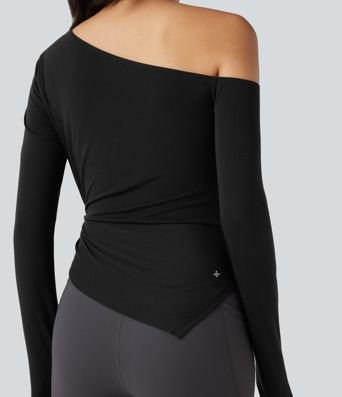 One-shoulder Long Sleeve Thumb Hole Asymmetric Quick Dry Yoga Sports Top