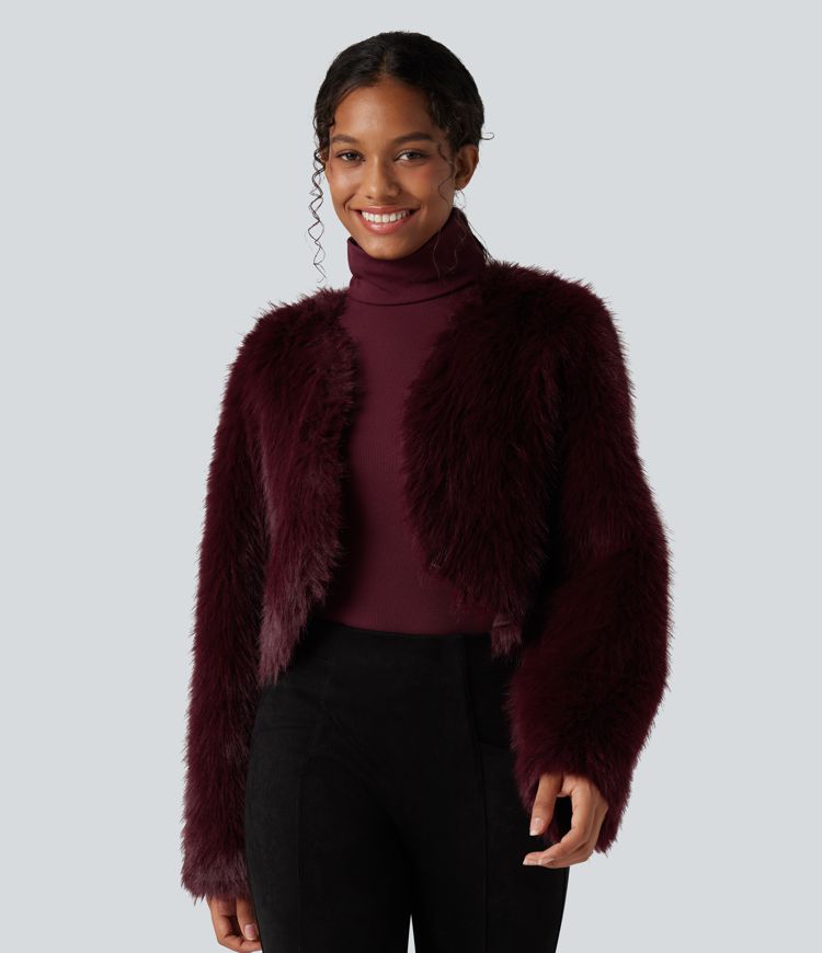 Manteau cape fausse fourrure col V manches longues