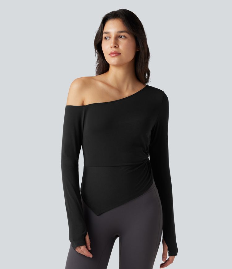 One-shoulder Long Sleeve Thumb Hole Asymmetric Quick Dry Yoga Sports Top