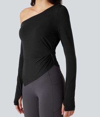 One-shoulder Long Sleeve Thumb Hole Asymmetric Quick Dry Yoga Sports Top