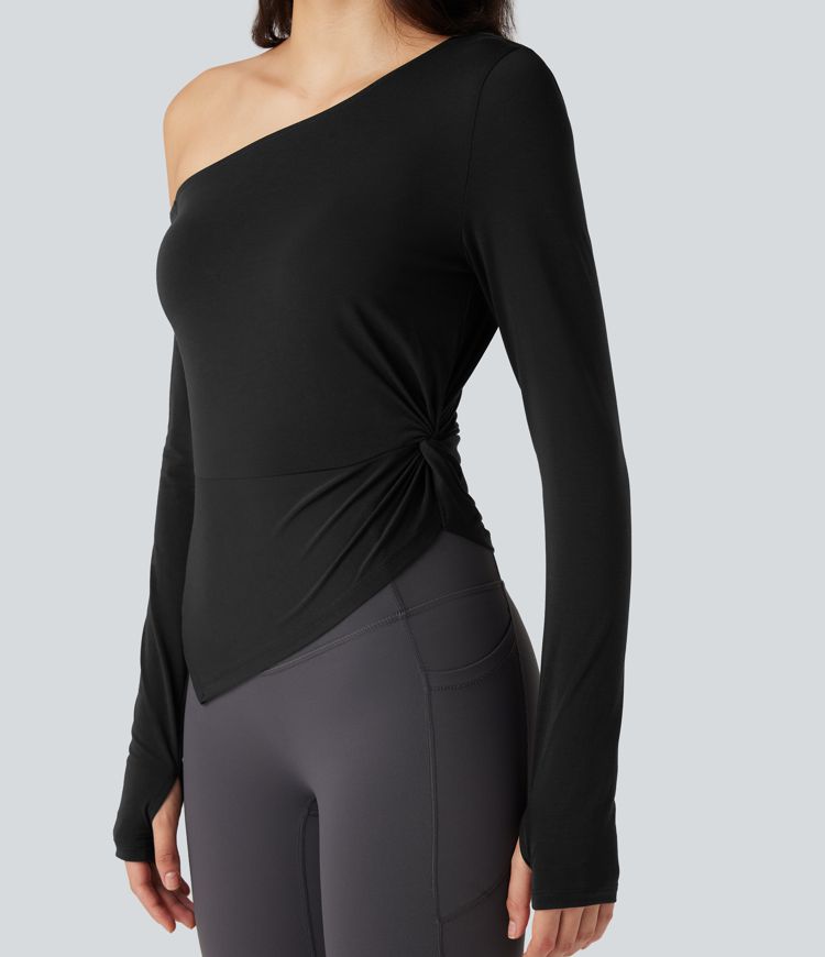 One-shoulder Long Sleeve Thumb Hole Asymmetric Quick Dry Yoga Sports Top