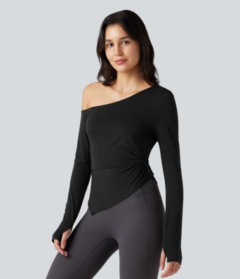 One-shoulder Long Sleeve Thumb Hole Asymmetric Quick Dry Yoga Sports Top