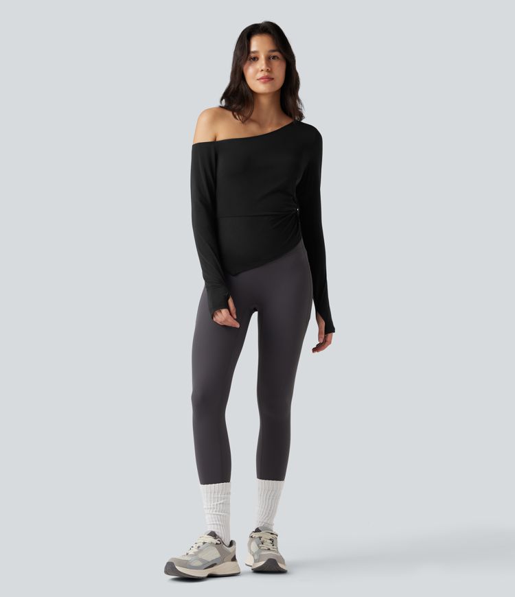 One-shoulder Long Sleeve Thumb Hole Asymmetric Quick Dry Yoga Sports Top