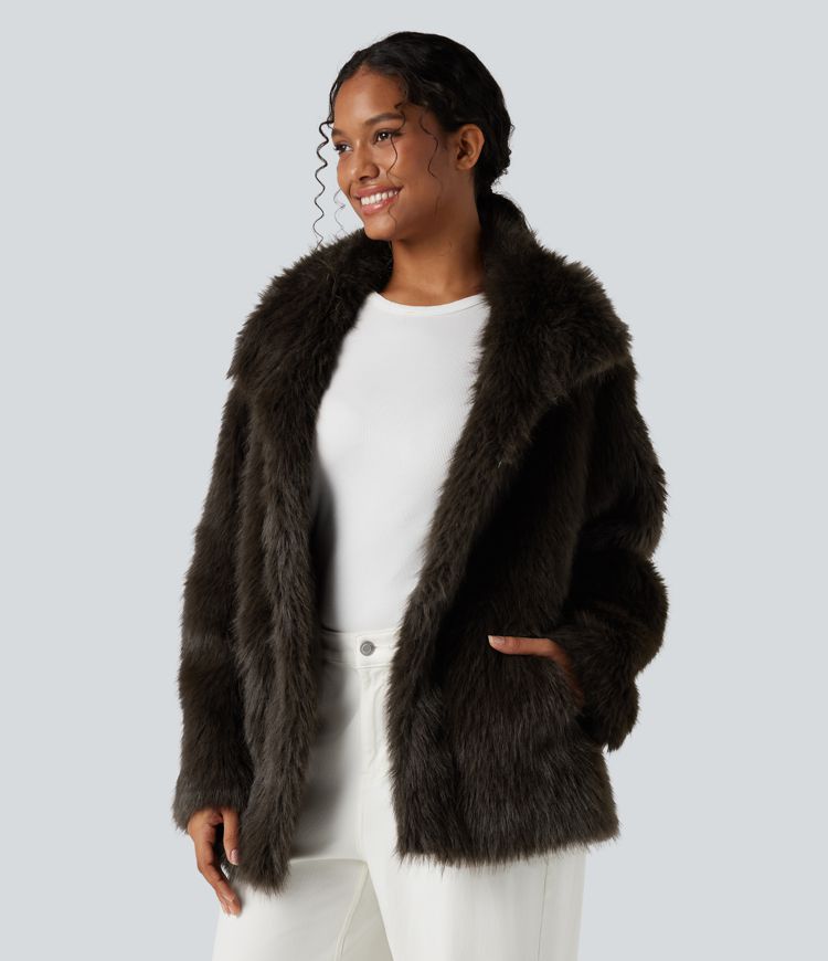 Long Sleeve Casual Faux Fur Coat with Pockets
