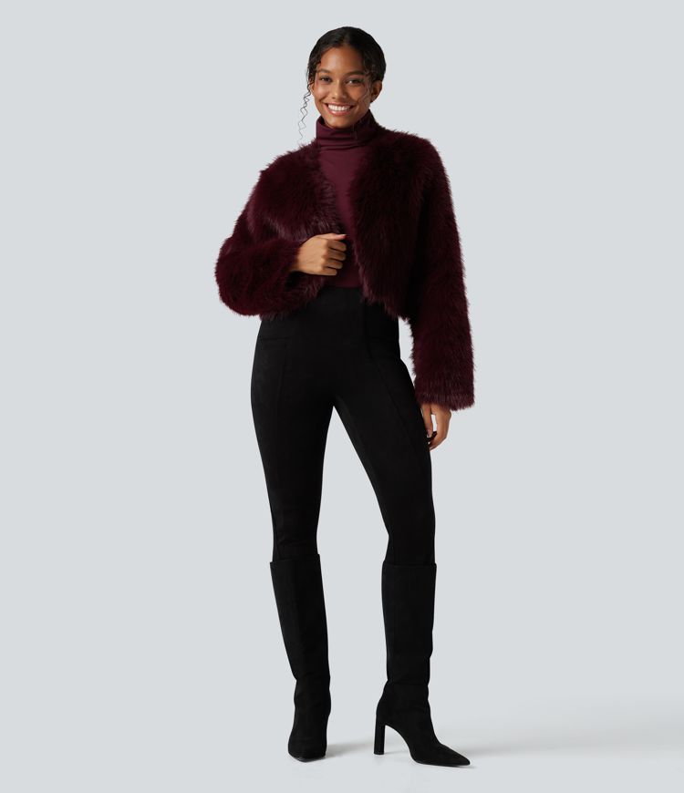 Manteau cape fausse fourrure col V manches longues