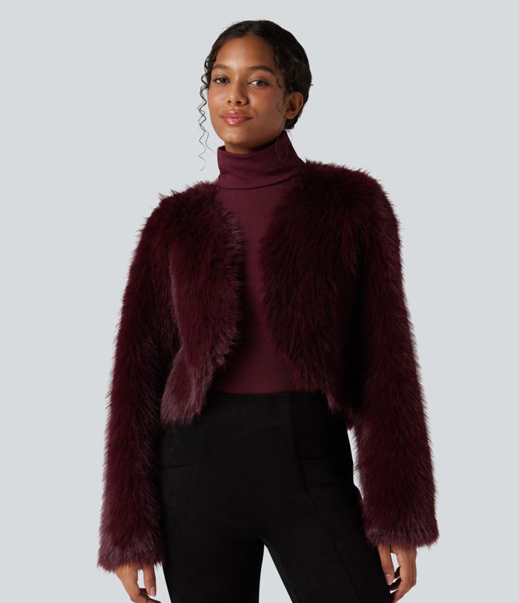 Manteau cape fausse fourrure col V manches longues